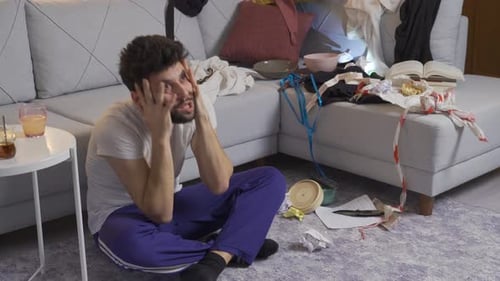 Jovem esquizofrênico ficando louco em casa, tendo convulsões, alucinações.