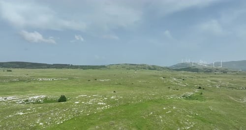 Aerial View of Rolling Green Fields and Wind Turbines