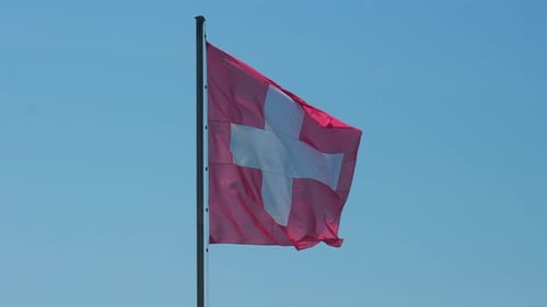 Swiss Flag Waving on a Clear Day