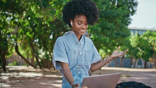 Teenager Speaking Video Call By Laptop Sitting Park Closeup Girl Talking Online