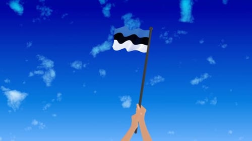 Animated Hands Hold Waving Flag of Estonia in Blue Sky
