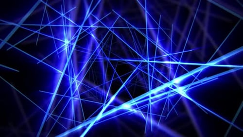 Seamless loop background with intersecting neon blue light streaks forming geometric web of lines