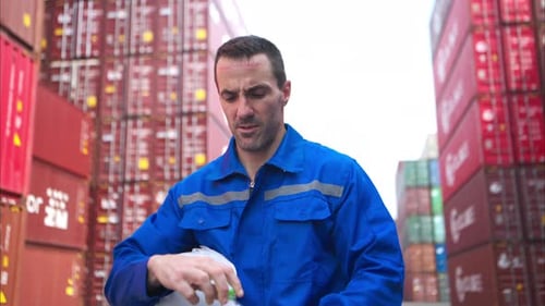 Container warehouse worker drinks water during break hours in the bright sunlight and hot weather