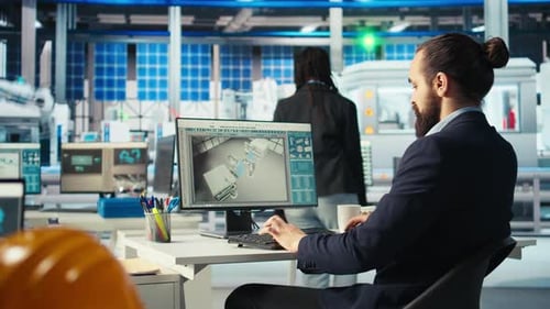 Engineer in Photovoltaics Factory Using PC to Diagnose Systems