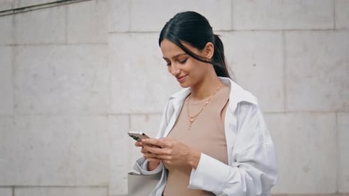 Happy Girl Messaging Smartphone Street Closeup