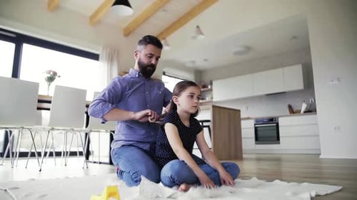 Dad Combing Daughter's Hair in Modern Home