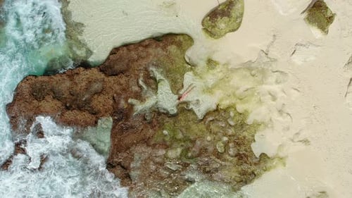 Woman floating in a tide pool on a rocky shore with pristine white sand as ocean waves crash around