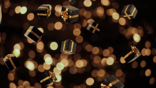 Falling Black and Gold Gift Boxes with Sparkling Bokeh Background