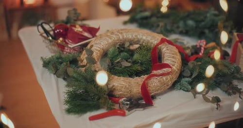 Close Up Of Christmas Wreath Decorated For Christmas Holidays