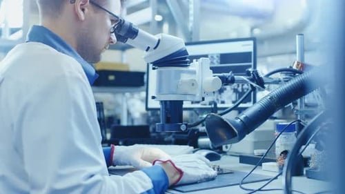 Un ouvrier d'une usine électronique en blouse de travail blanche inspecte une carte de circuit imprimé à l'aide d'un Mi numérique