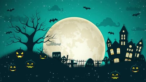 Animated Halloween Scene Reveal with Full Moon and Haunted House