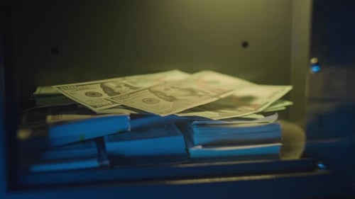 A Safe with Earnings Money Strongbox with Pile of Dollars Cash Banking Deposit Box Storage of Euros