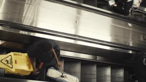 Le concierge emprunte un escalator, caméra vue d'en haut