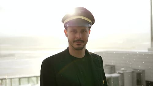 Airline Captain Pilot in Uniform Preparing for Flight at Airport Treminal Gate