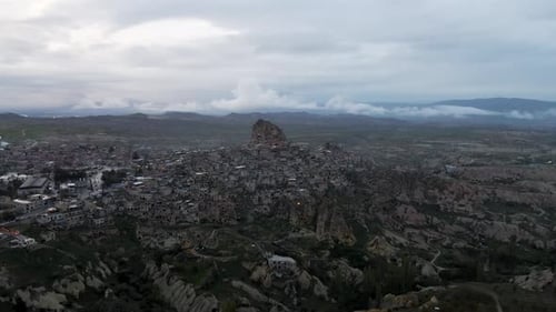 Aerial view of Uchisar Castle in Uchisar old town, Cappadocia, Turkey.