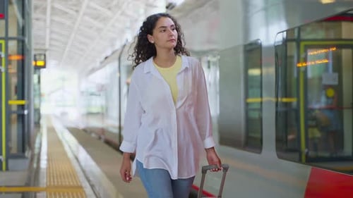 Young Woman Travels By Train Walking on Empty Platform of New Railway Terminal Rolling Suitcase