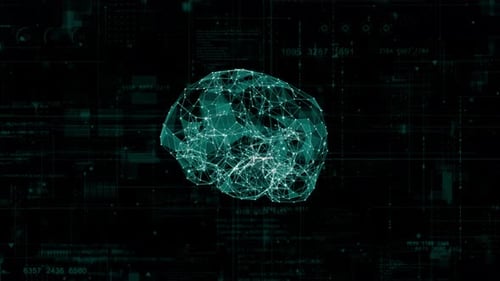 Blue polygon digital brain logo with grid line on futuristic HUD abstract background