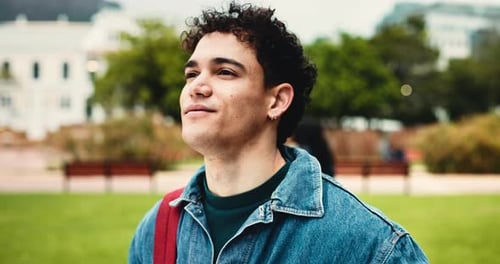 Happy, college student and man on campus with vision for education, learning and skill development