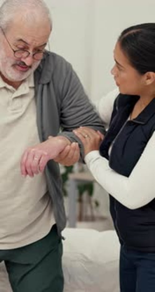 Nurse, man or elderly patient with mobility for support, help or healthcare in clinic