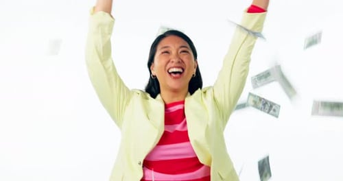 Excited Woman Celebrating with Falling Money