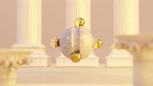 3D-Rendering kleiner glänzender Kugeln, die sich auf einer Kugel in der Nähe von Säulen drehen