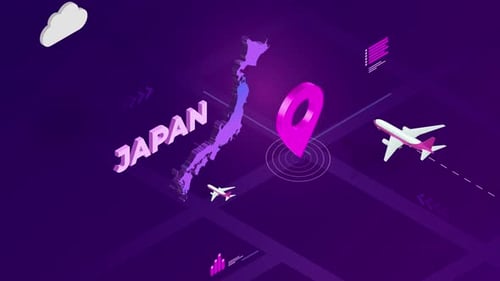 Isometric 3D Japan Travel Map with Location Pin and Airplanes