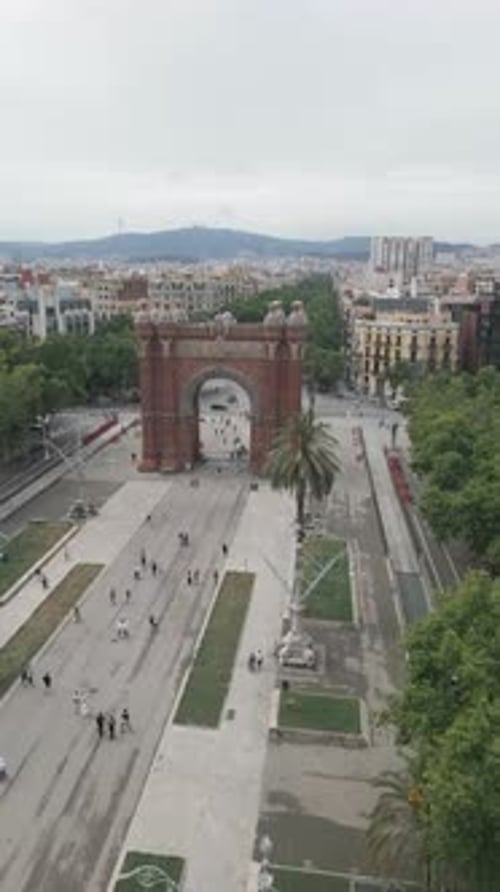 Aerial view of Arc de Triomf with Promenade Passeig de Lluís Companys in Barcelona Spain