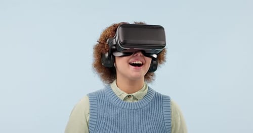 VR glasses, excited business woman and view with metaverse, virtual reality