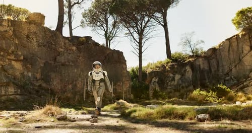 Planet, world and astronaut walking in forest to explore abandoned area, galaxy and universe