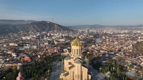 Drone view of Tbilisi city center featuring the Sameba Holy Trinity Cathedral, Georgia.