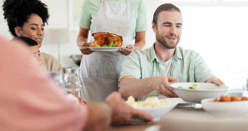 Diversity, serving turkey food or happy family dinner, eating lunch meal