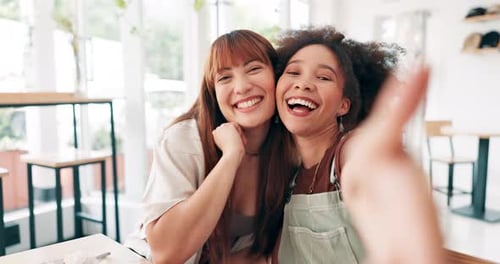 Friends, selfie or happy for lunch in restaurant, dessert or bonding together with social