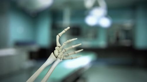 Human skeleton hand in modern hospital background