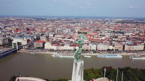 Liberty statue of Budapest, Hungary, with general city view