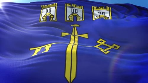 Waving Royal Blue Flag with Golden Castle and Cross Emblems