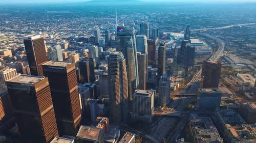 Flying over the stunning skyscrapers in downtown Los Angeles.