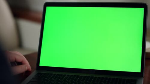 Closeup Chroma Key Laptop Screen in Airplane Cabin. Man Watching Mockup Webinar