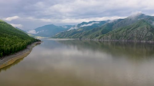 Aerial view of river and mountains, Russia.