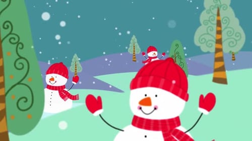 Animated Flat Design Christmas Snowmen Winter Landscape Background
