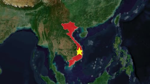 World Map Zoom to Vietnam Flag Outline Reveal