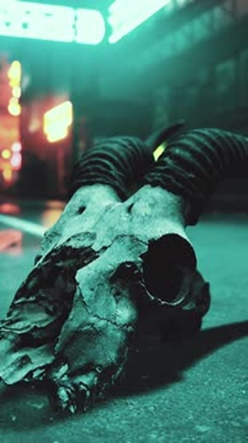 A Bull Skull Laying on the Ground in the Middle of a Street