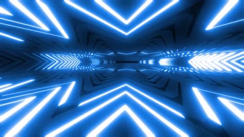 Dynamic blue neon tunnel with futuristic glowing arrows moving forward