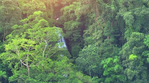 Der Wasserfall steigt aus beträchtlicher Höhe herab.