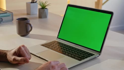 Entrepreneur Browsing App Green Screen Laptop in Company Office Closeup