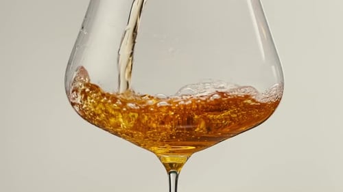 Orange or White Wine Bottle and Glass Against a Sunset in a Peaceful Vineyard Pouring of Ecological