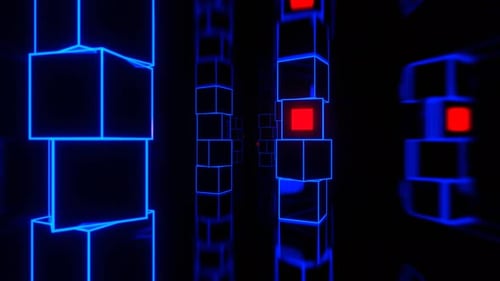 Blue And Red Futuristic Strobe Corridor With Abstract Cube Columns Background Vj Loop In 4K