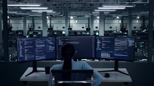 Back View Of Asian Woman Developer Having Backache While Write Code In Data Center