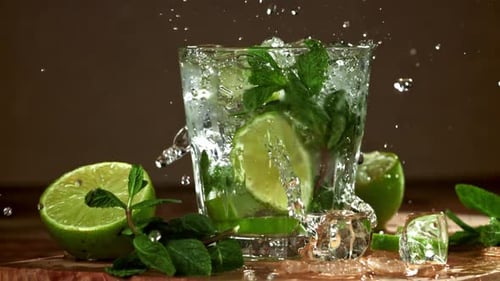 Ice Falls Into a Mojito Cocktail Filmed on a Highspeed Camera at 1000 Fps