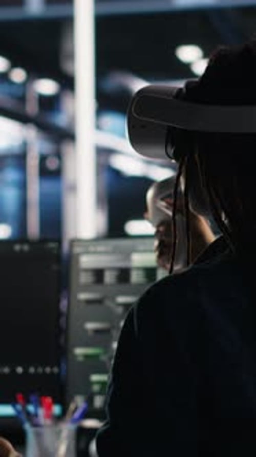 Vertical Video Data Center Technician Using Virtual Reality Tech and Node Tree Software