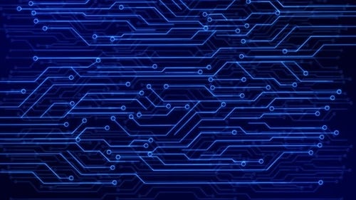 3d Circuit Board with Moving Electrons Data Flow Loop Background Animation Artificial Intelligence